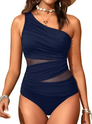 Aqua Eve Women Mesh One Piece Swimsuit - Tummy Control One Shoulder Bathing Suit Cut Out Swimwear 2025