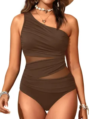 Aqua Eve Women Mesh One Piece Swimsuit - Tummy Control One Shoulder Bathing Suit Cut Out Swimwear 2025