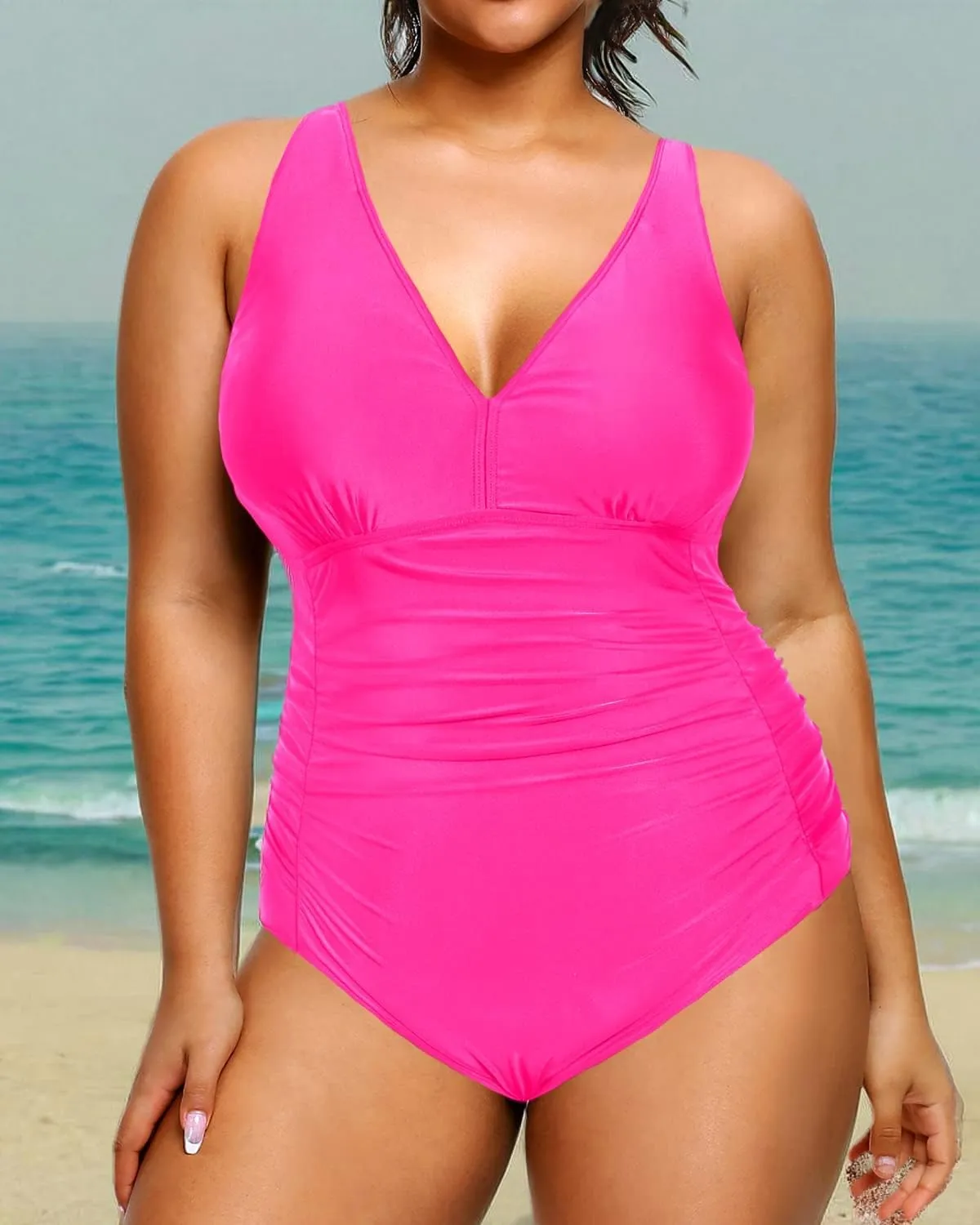 Aqua Eve Women Plus Size One Piece Swimsuits V Neck Tummy Control Bathing Suits Retro Ruched Swimwear
