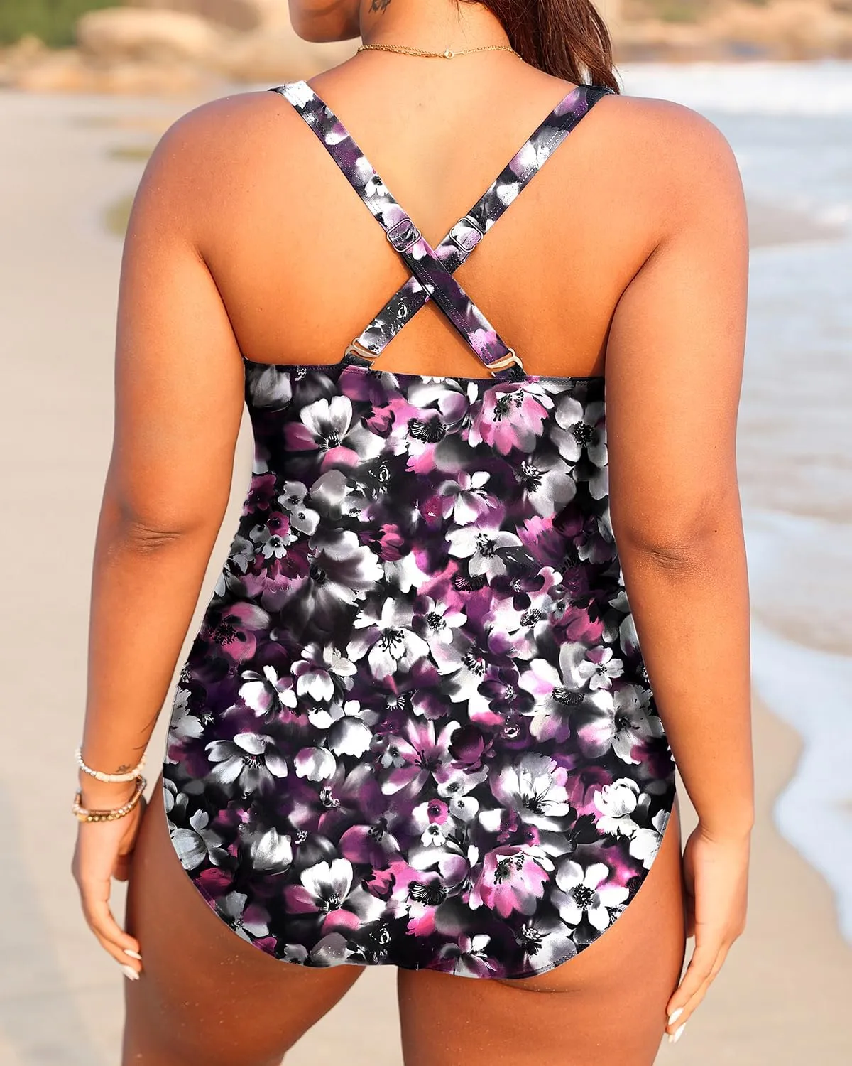 Aqua Eve Women Plus Size One Piece Swimsuits V Neck Tummy Control Bathing Suits Retro Ruched Swimwear