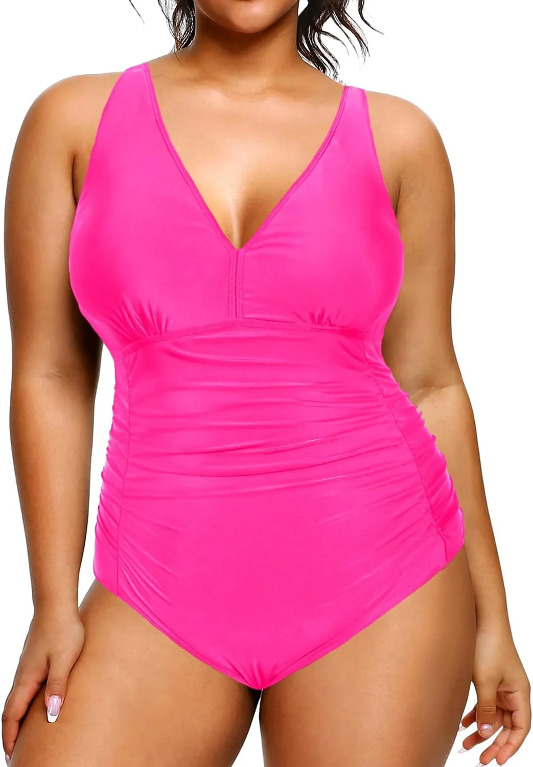Aqua Eve Women Plus Size One Piece Swimsuits V Neck Tummy Control Bathing Suits Retro Ruched Swimwear
