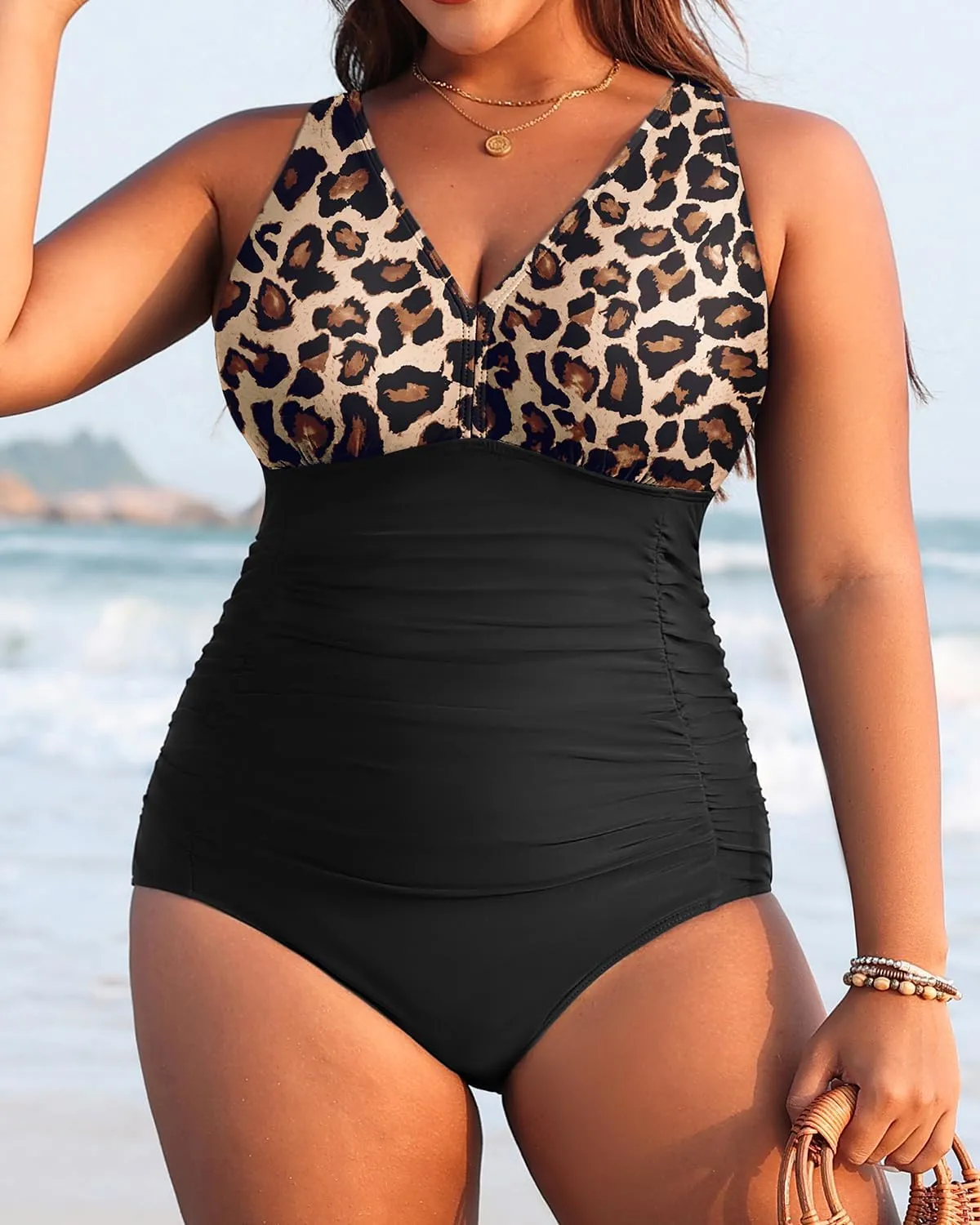 Aqua Eve Women Plus Size One Piece Swimsuits V Neck Tummy Control Bathing Suits Retro Ruched Swimwear