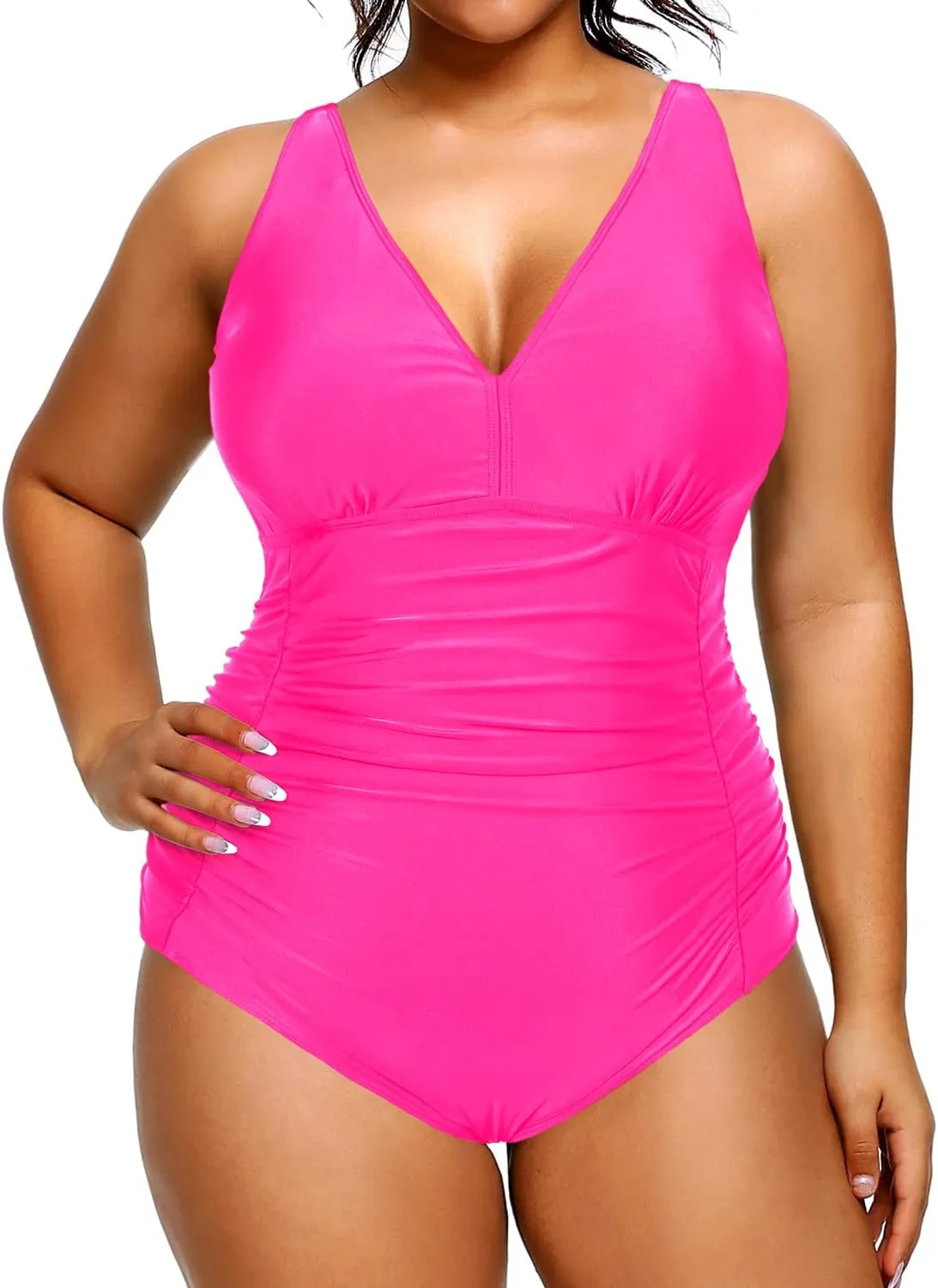 Aqua Eve Women Plus Size One Piece Swimsuits V Neck Tummy Control Bathing Suits Retro Ruched Swimwear