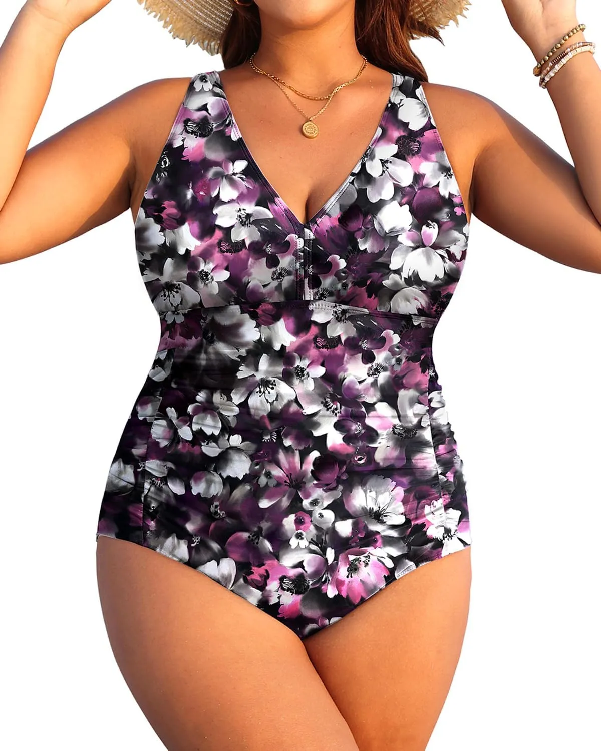 Aqua Eve Women Plus Size One Piece Swimsuits V Neck Tummy Control Bathing Suits Retro Ruched Swimwear