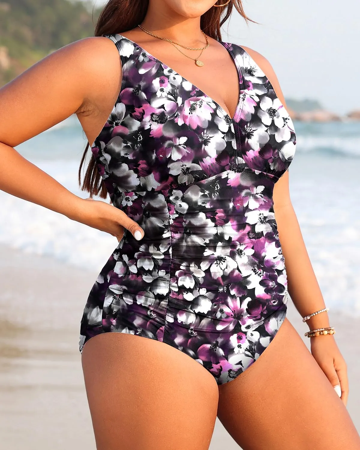 Aqua Eve Women Plus Size One Piece Swimsuits V Neck Tummy Control Bathing Suits Retro Ruched Swimwear