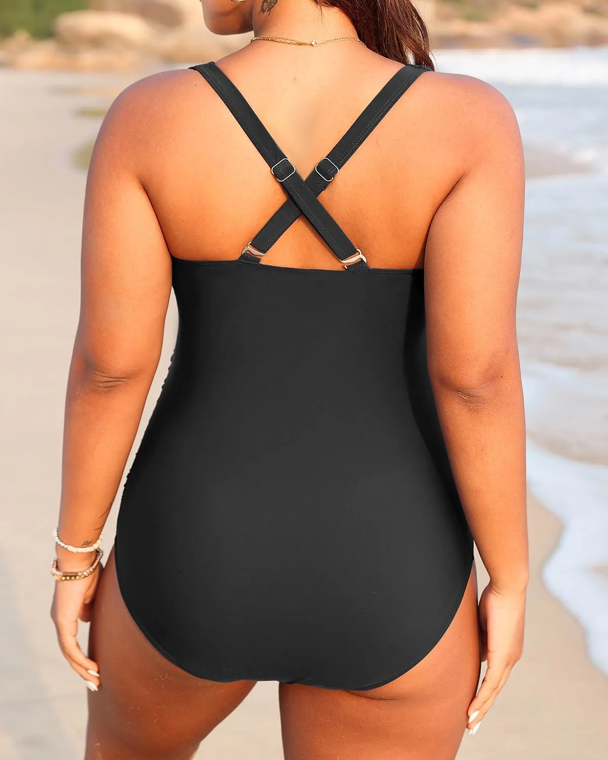 Aqua Eve Women Plus Size One Piece Swimsuits V Neck Tummy Control Bathing Suits Retro Ruched Swimwear