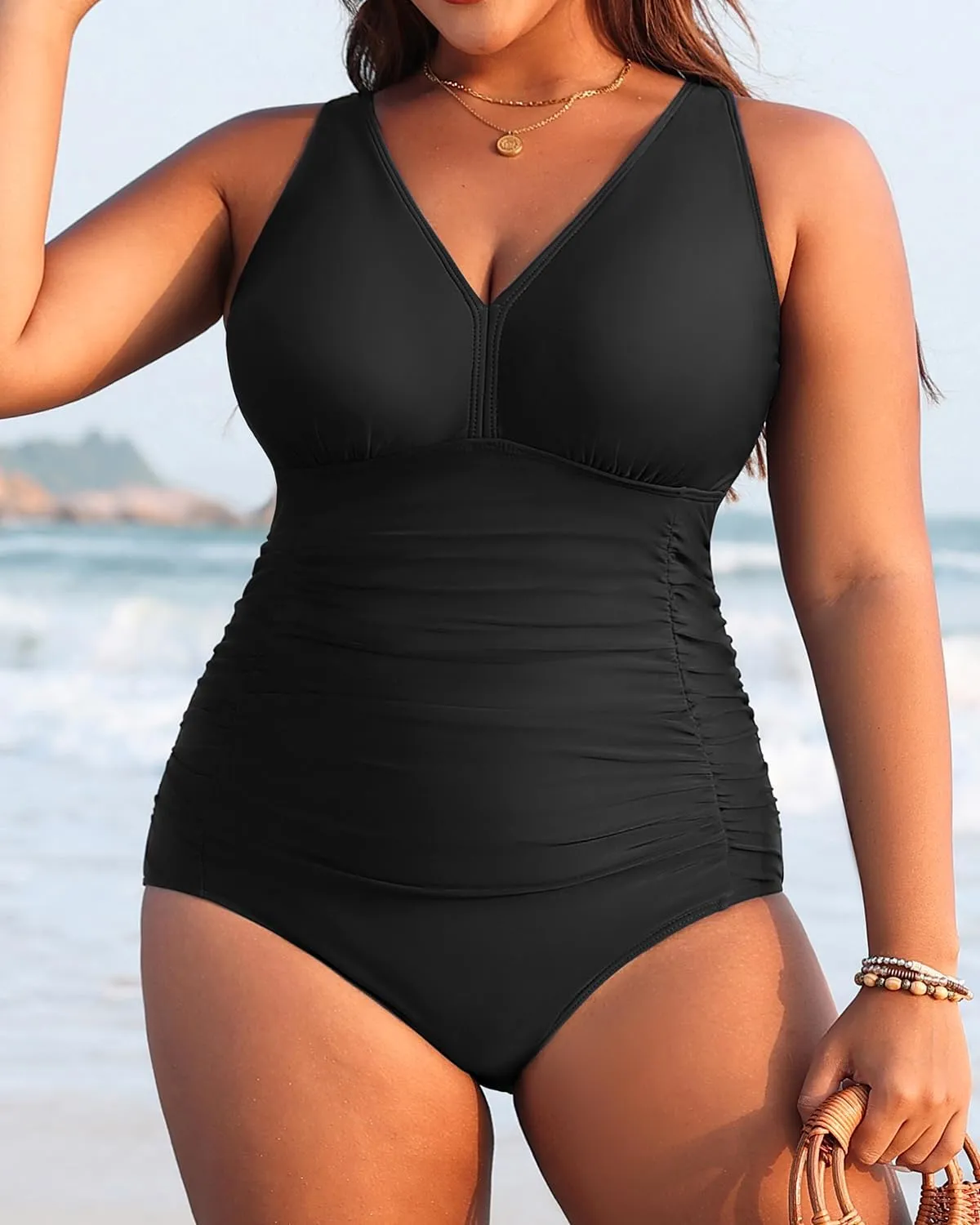 Aqua Eve Women Plus Size One Piece Swimsuits V Neck Tummy Control Bathing Suits Retro Ruched Swimwear