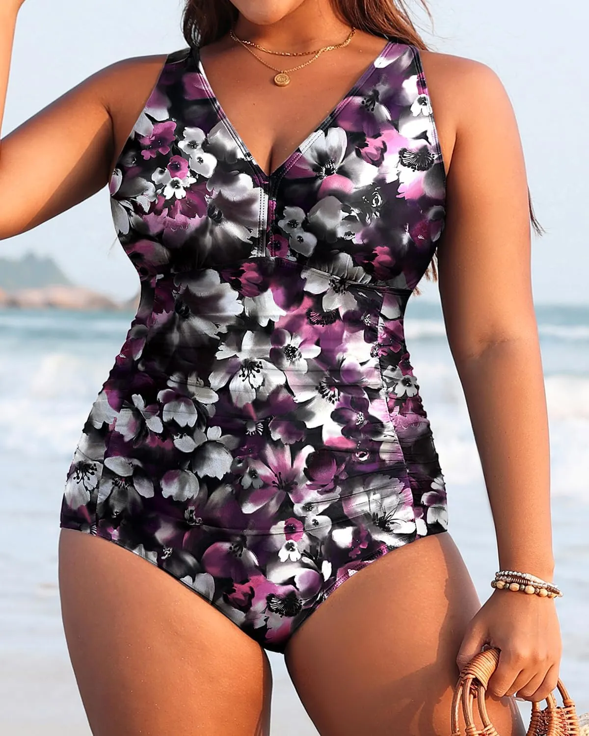 Aqua Eve Women Plus Size One Piece Swimsuits V Neck Tummy Control Bathing Suits Retro Ruched Swimwear