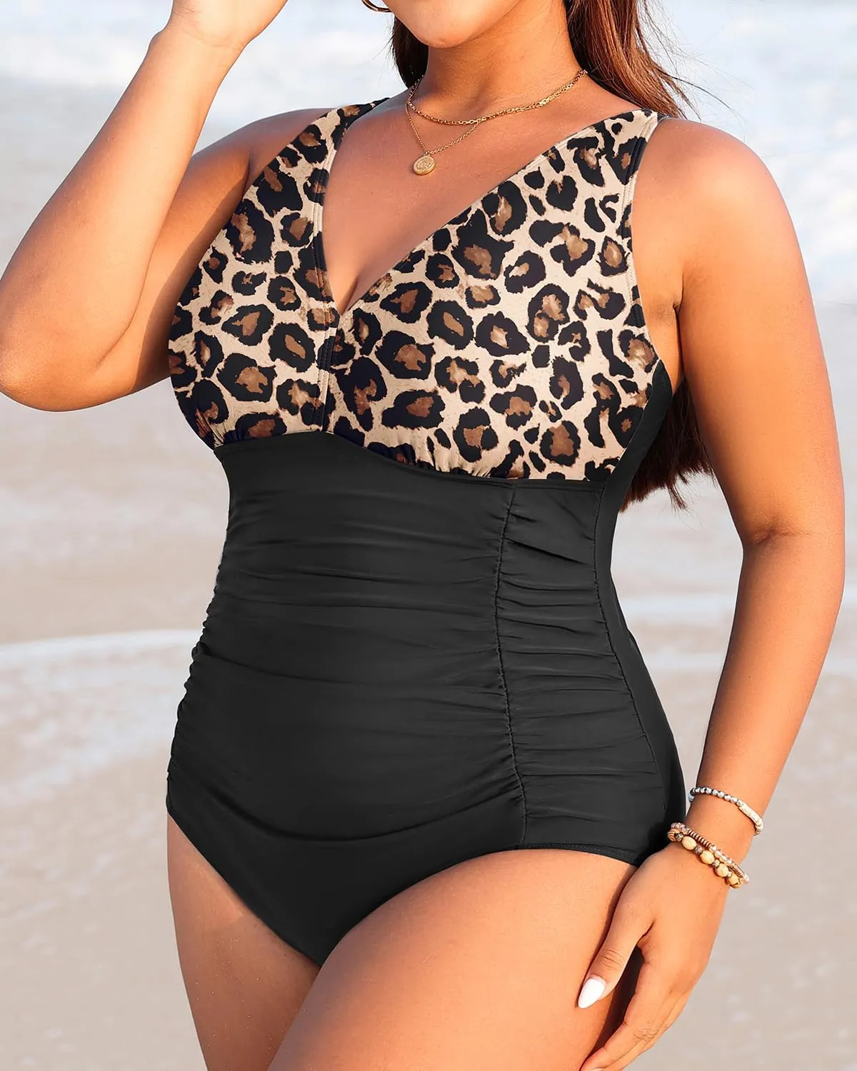 Aqua Eve Women Plus Size One Piece Swimsuits V Neck Tummy Control Bathing Suits Retro Ruched Swimwear