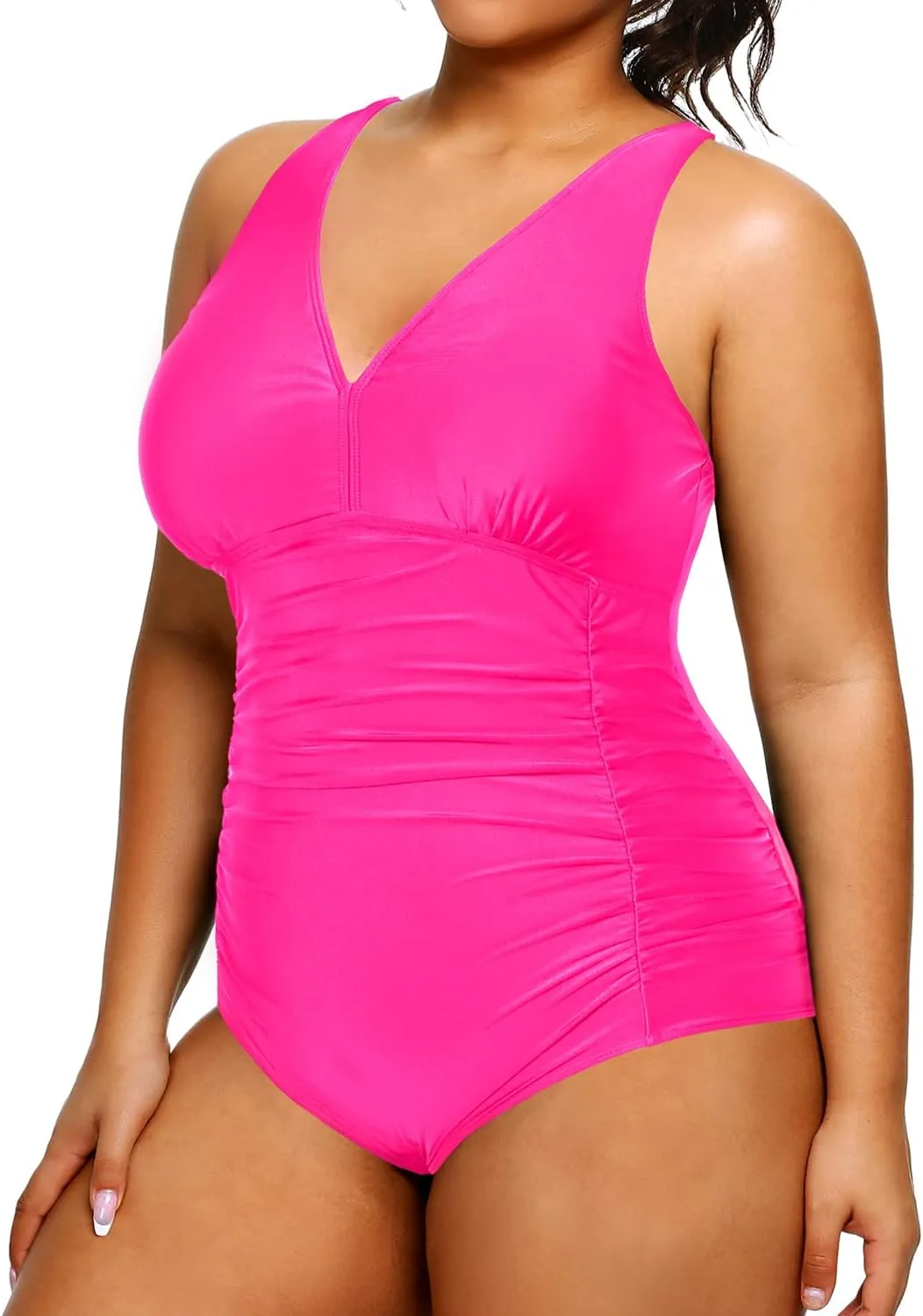 Aqua Eve Women Plus Size One Piece Swimsuits V Neck Tummy Control Bathing Suits Retro Ruched Swimwear