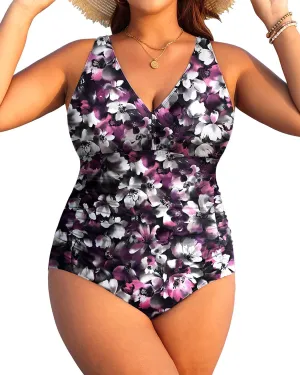 Aqua Eve Women Plus Size One Piece Swimsuits V Neck Tummy Control Bathing Suits Retro Ruched Swimwear