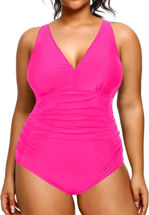 Aqua Eve Women Plus Size One Piece Swimsuits V Neck Tummy Control Bathing Suits Retro Ruched Swimwear