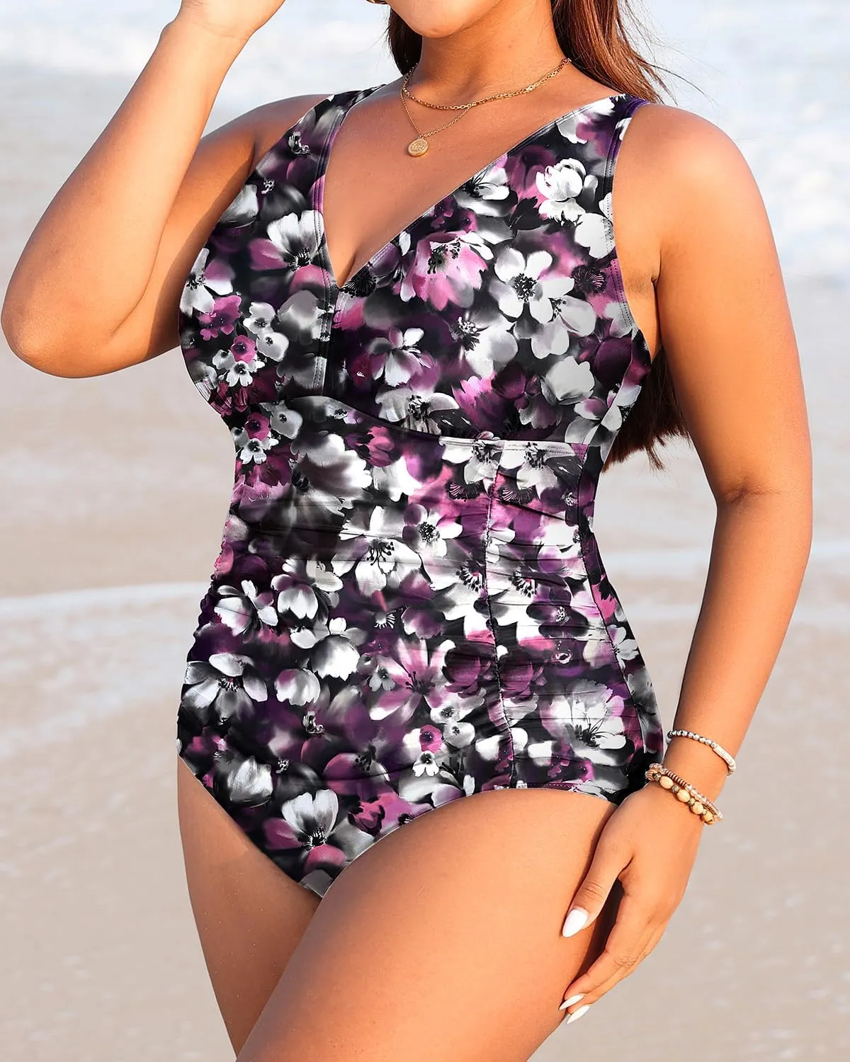 Aqua Eve Women Plus Size One Piece Swimsuits V Neck Tummy Control Bathing Suits Retro Ruched Swimwear