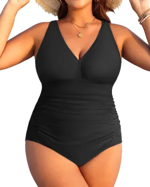 Aqua Eve Women Plus Size One Piece Swimsuits V Neck Tummy Control Bathing Suits Retro Ruched Swimwear