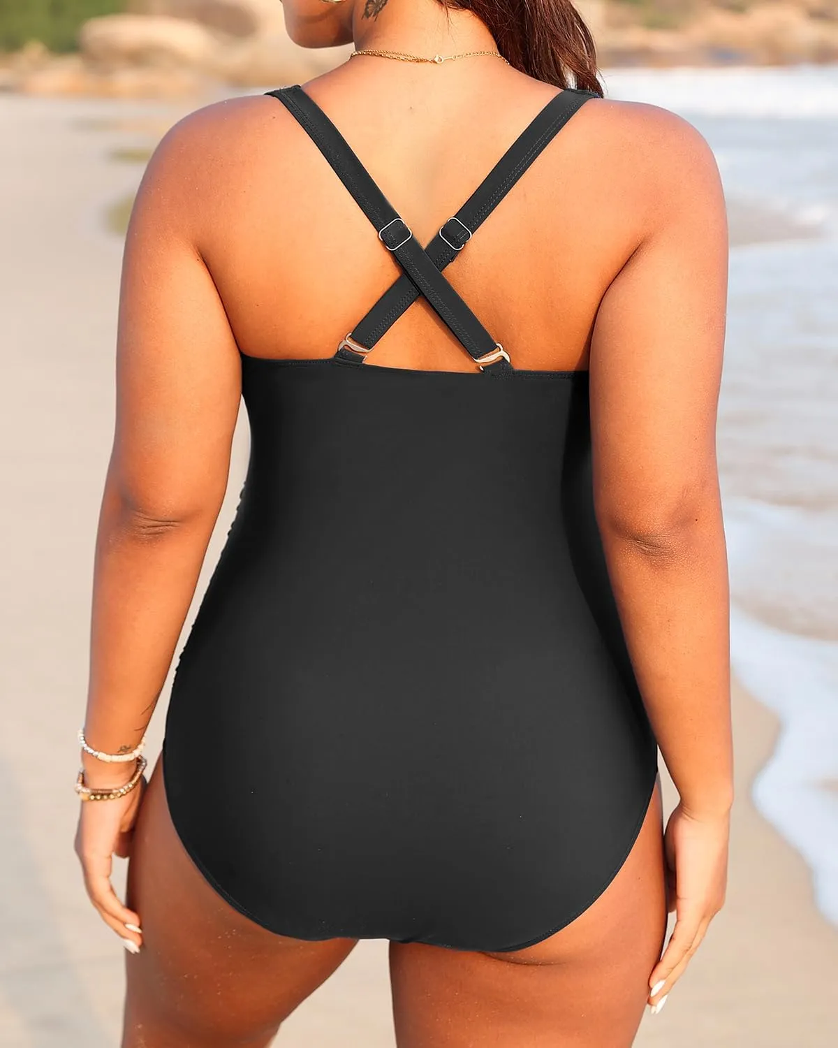 Aqua Eve Women Plus Size One Piece Swimsuits V Neck Tummy Control Bathing Suits Retro Ruched Swimwear