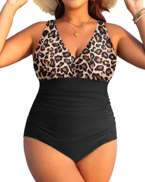 Aqua Eve Women Plus Size One Piece Swimsuits V Neck Tummy Control Bathing Suits Retro Ruched Swimwear