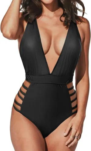 Aqua Eve Women Sexy One Piece Swimsuits Halter Plunge V Neck Cutout Bathing Suits