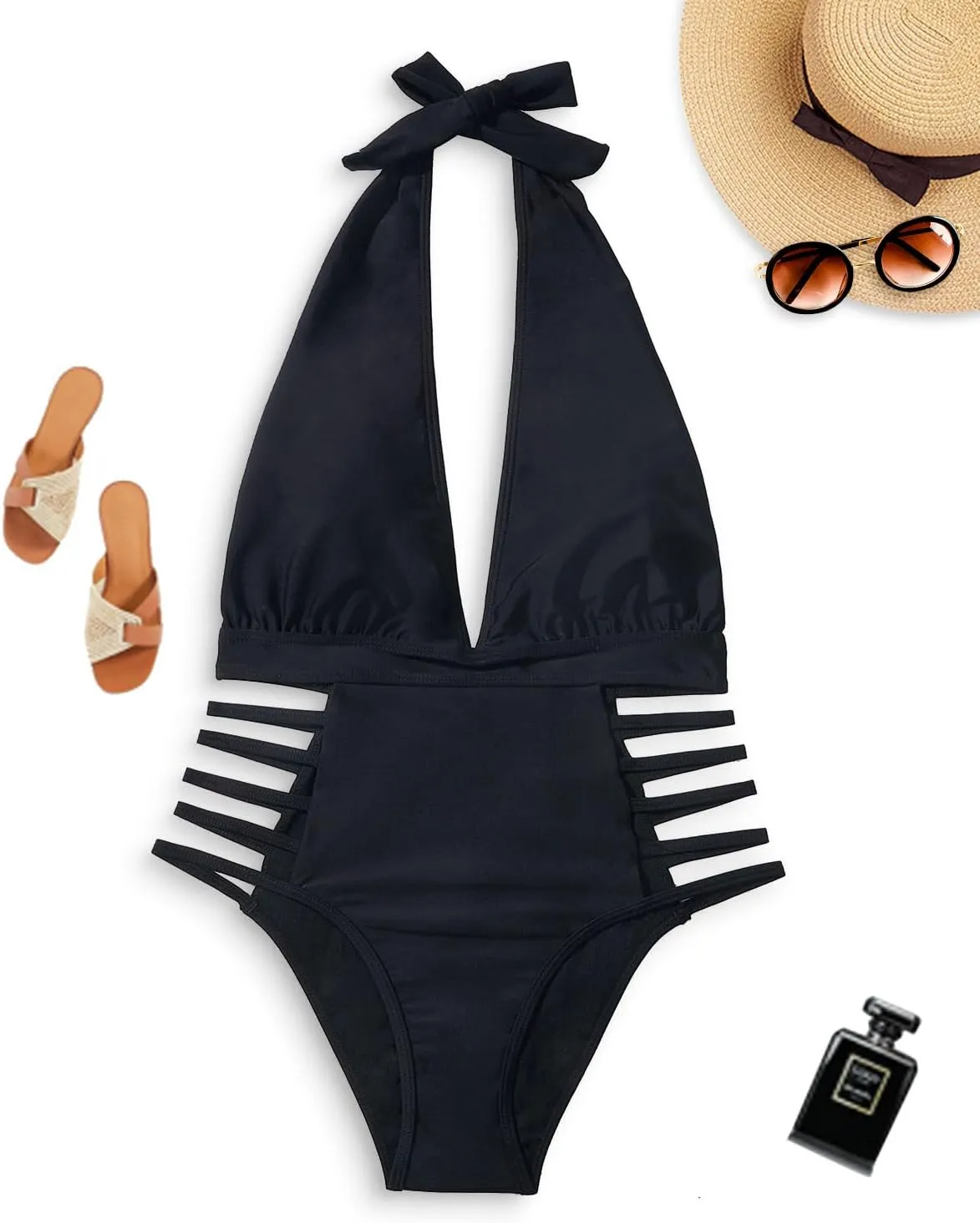 Aqua Eve Women Sexy One Piece Swimsuits Halter Plunge V Neck Cutout Bathing Suits