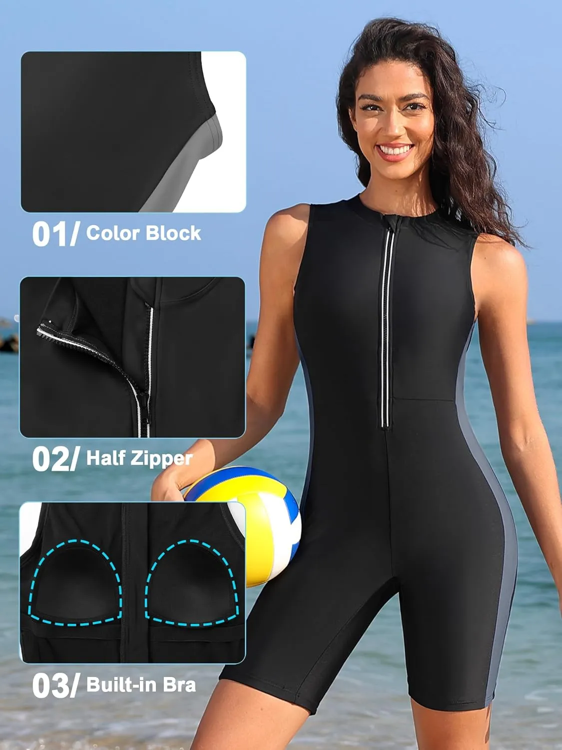 ATTRACO Boyleg One Piece Swimsuits for Women Athletic Bathing Suits Color Block Zip Up Swimwear