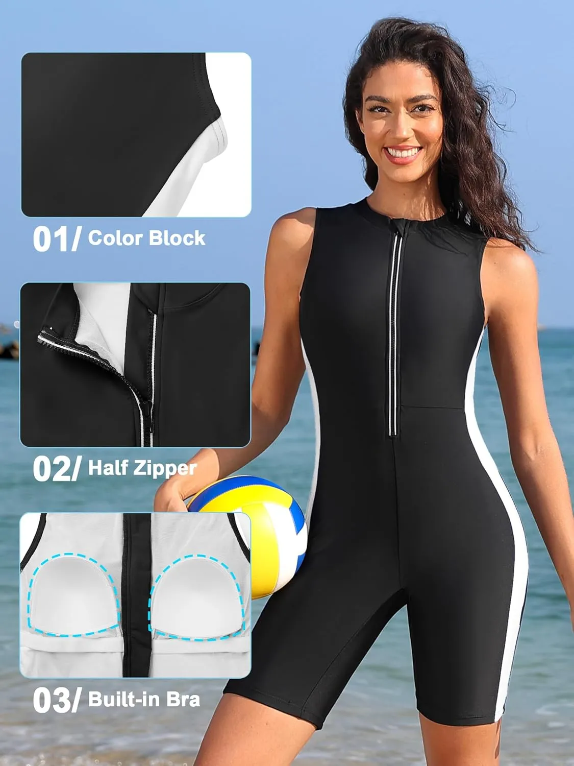 ATTRACO Boyleg One Piece Swimsuits for Women Athletic Bathing Suits Color Block Zip Up Swimwear