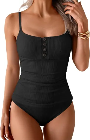 B2prity One Piece Swimsuit for Women Tummy Control Retro Bathing Suit Button Up Slimming Swimwear