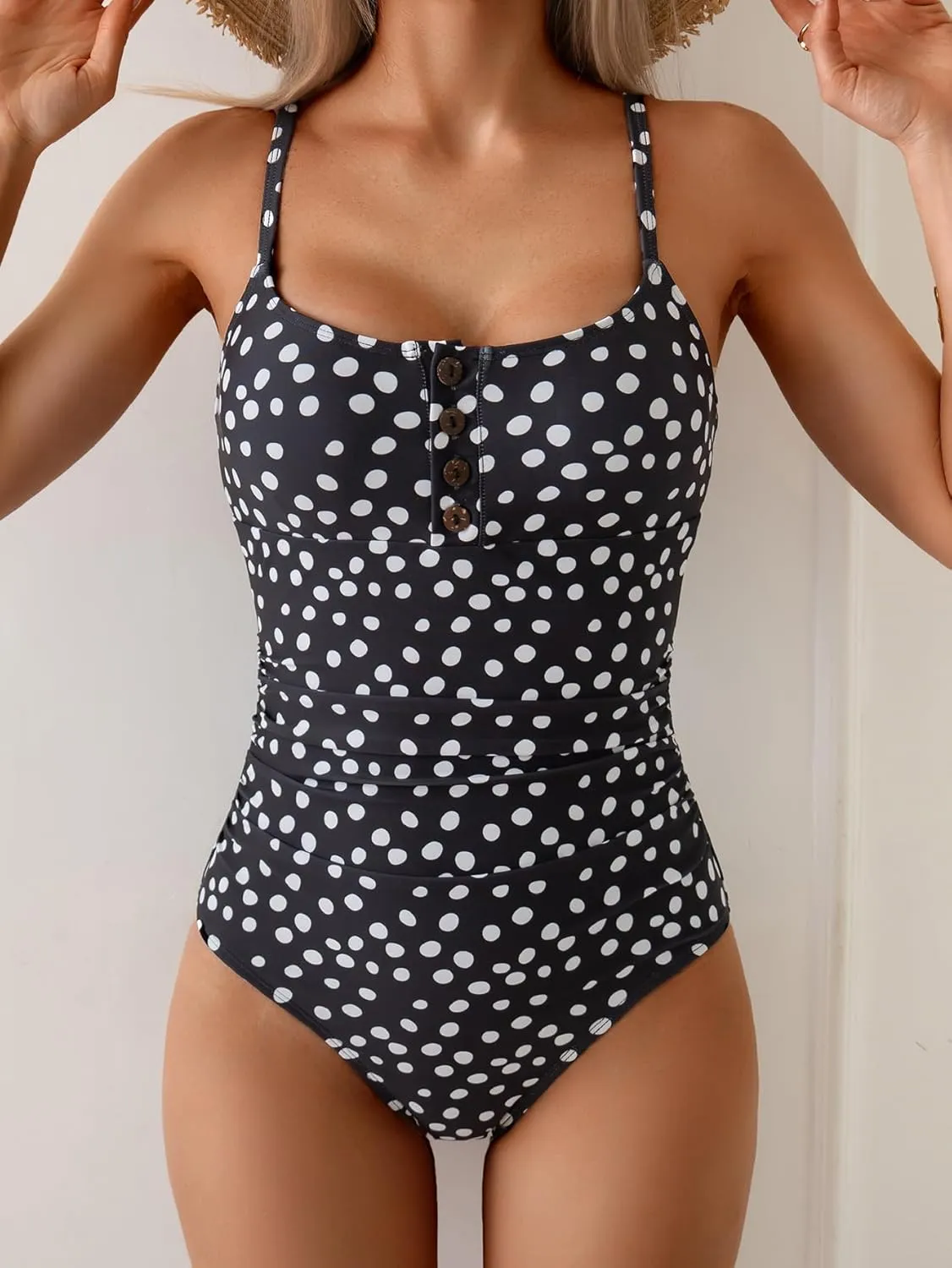 B2prity One Piece Swimsuit for Women Tummy Control Retro Bathing Suit Button Up Slimming Swimwear