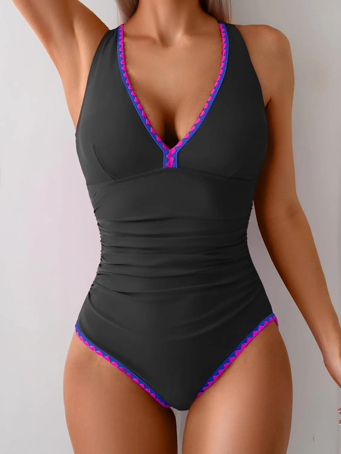 B2prity One Piece Swimsuit for Women Tummy Control Ruched Bathing Suit Push Up Tie Back Swimwear Shell Stitched