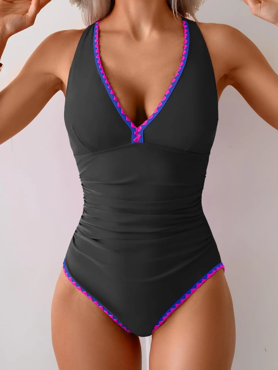 B2prity One Piece Swimsuit for Women Tummy Control Ruched Bathing Suit Push Up Tie Back Swimwear Shell Stitched