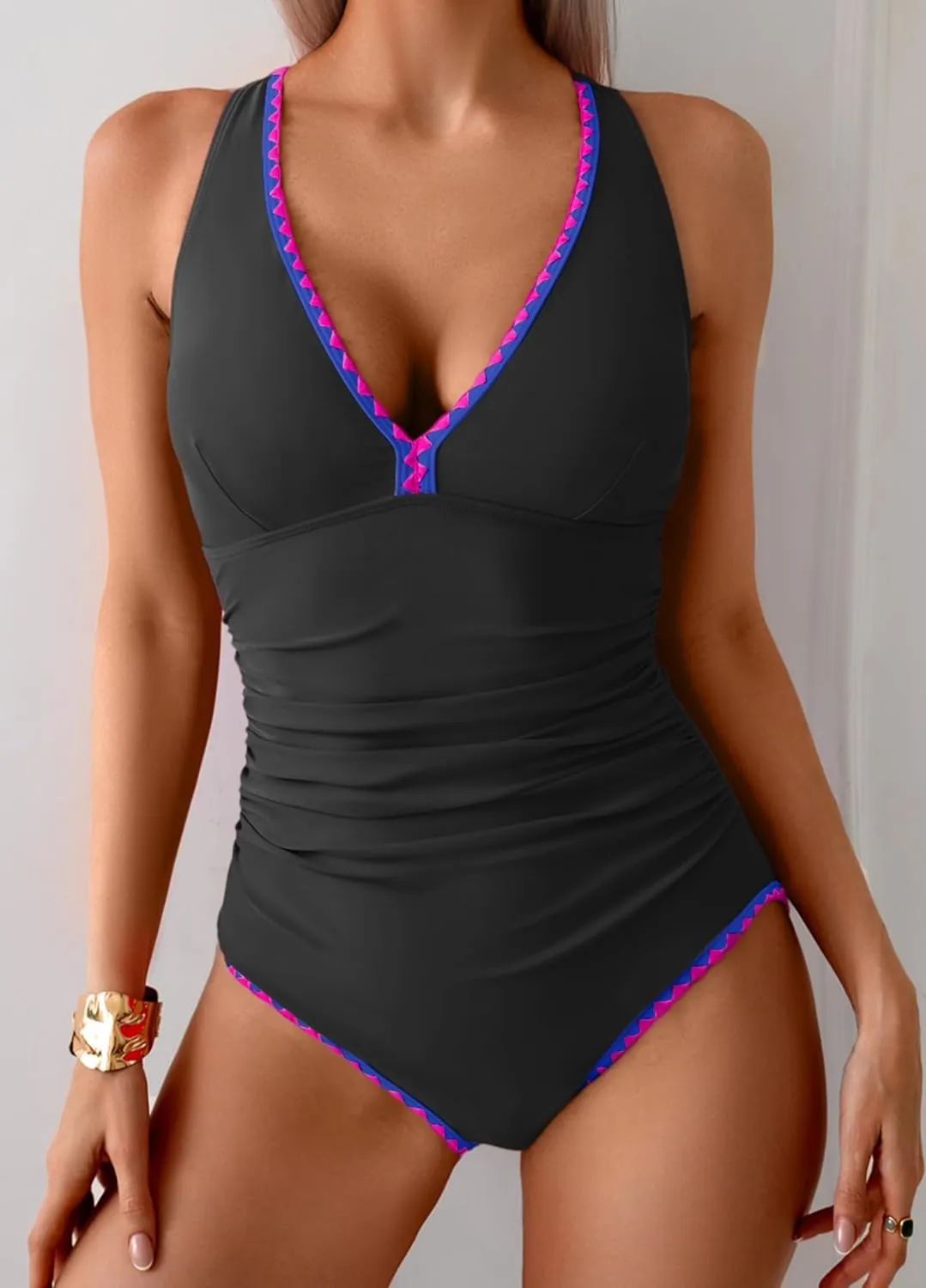 B2prity One Piece Swimsuit for Women Tummy Control Ruched Bathing Suit Push Up Tie Back Swimwear Shell Stitched