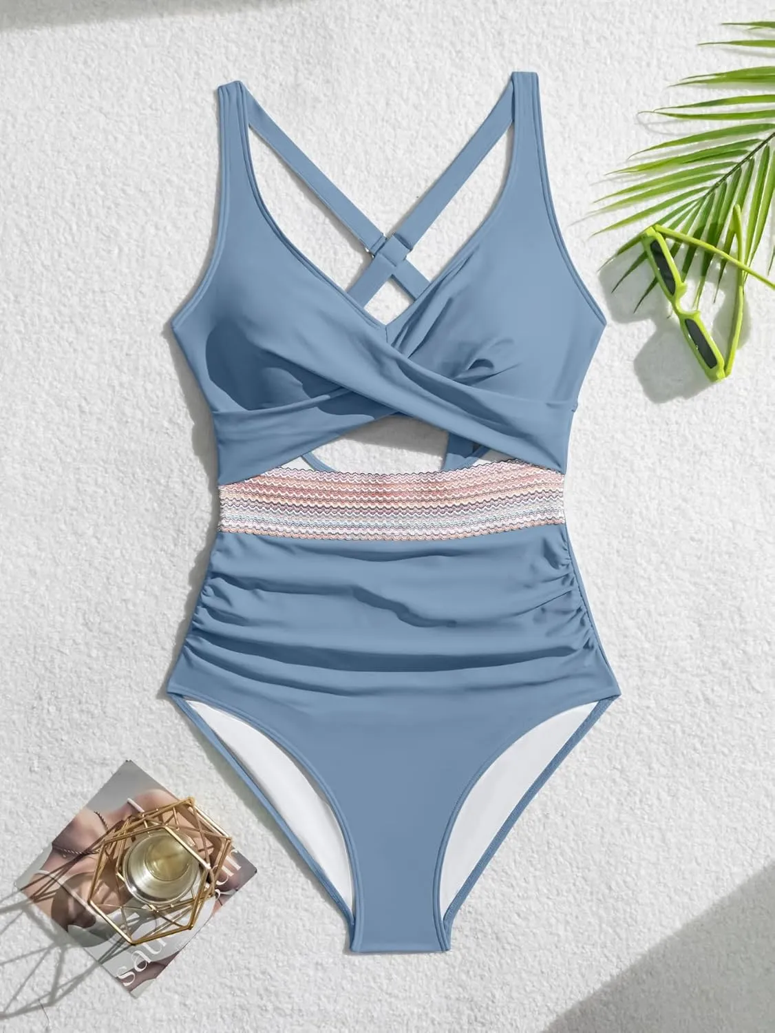 B2prity One Piece Swimsuit for Women Tummy Control V Neck Bathing Suit Color Block High Waisted Cutout Swimwear