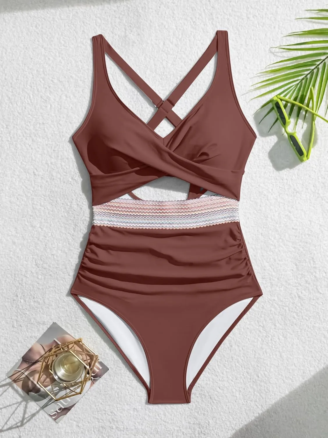B2prity One Piece Swimsuit for Women Tummy Control V Neck Bathing Suit Color Block High Waisted Cutout Swimwear