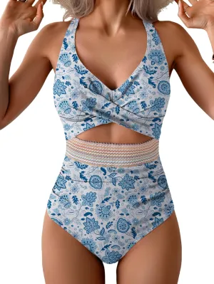 B2prity One Piece Swimsuit for Women Tummy Control V Neck Bathing Suit Color Block High Waisted Cutout Swimwear
