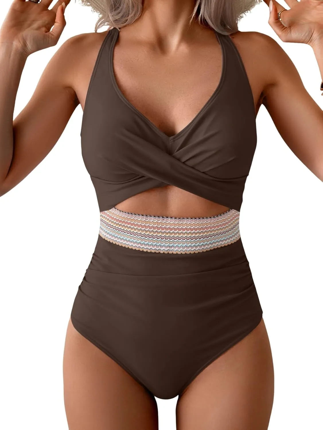B2prity One Piece Swimsuit for Women Tummy Control V Neck Bathing Suit Color Block High Waisted Cutout Swimwear