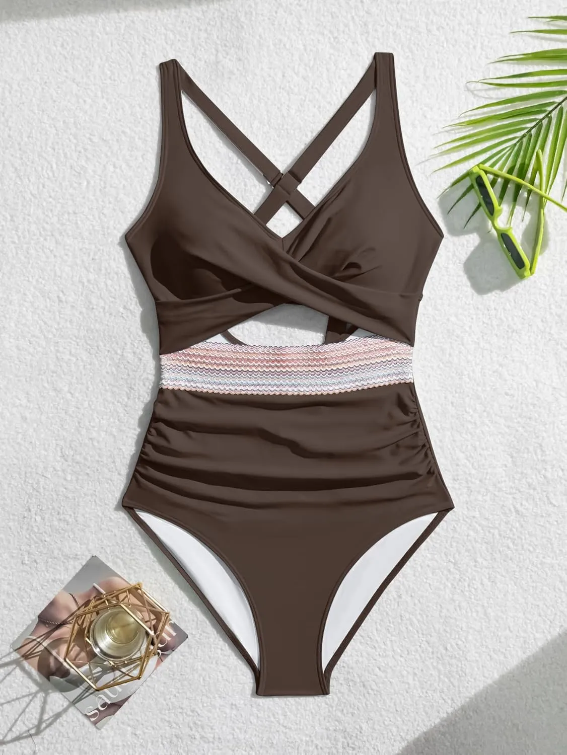 B2prity One Piece Swimsuit for Women Tummy Control V Neck Bathing Suit Color Block High Waisted Cutout Swimwear
