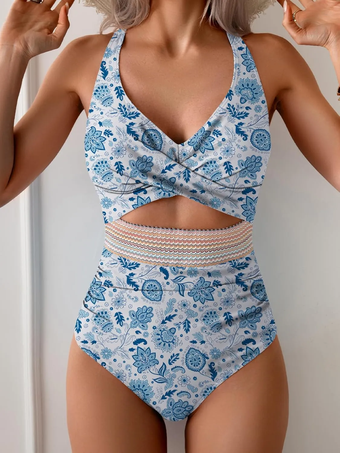 B2prity One Piece Swimsuit for Women Tummy Control V Neck Bathing Suit Color Block High Waisted Cutout Swimwear