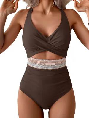 B2prity One Piece Swimsuit for Women Tummy Control V Neck Bathing Suit Color Block High Waisted Cutout Swimwear