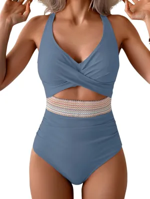 B2prity One Piece Swimsuit for Women Tummy Control V Neck Bathing Suit Color Block High Waisted Cutout Swimwear