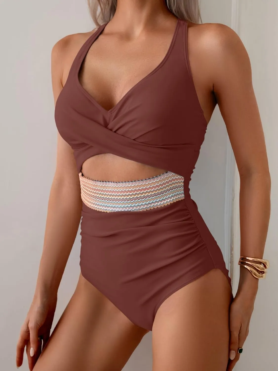 B2prity One Piece Swimsuit for Women Tummy Control V Neck Bathing Suit Color Block High Waisted Cutout Swimwear