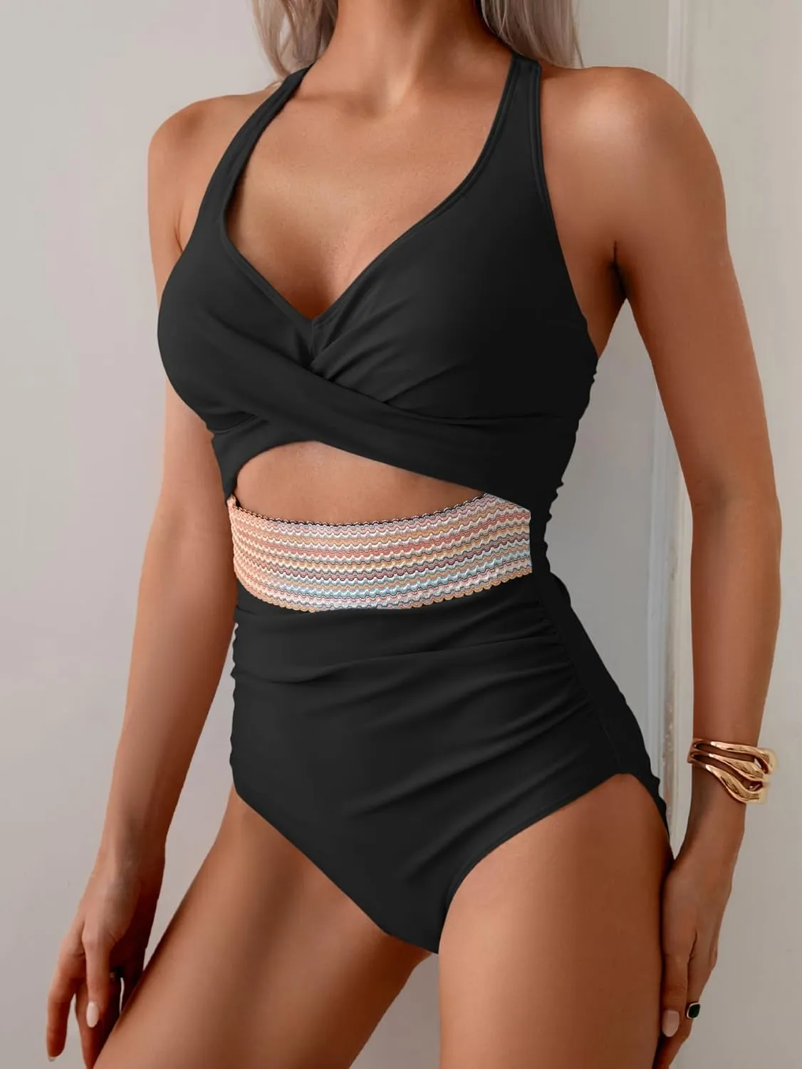 B2prity One Piece Swimsuit for Women Tummy Control V Neck Bathing Suit Color Block High Waisted Cutout Swimwear