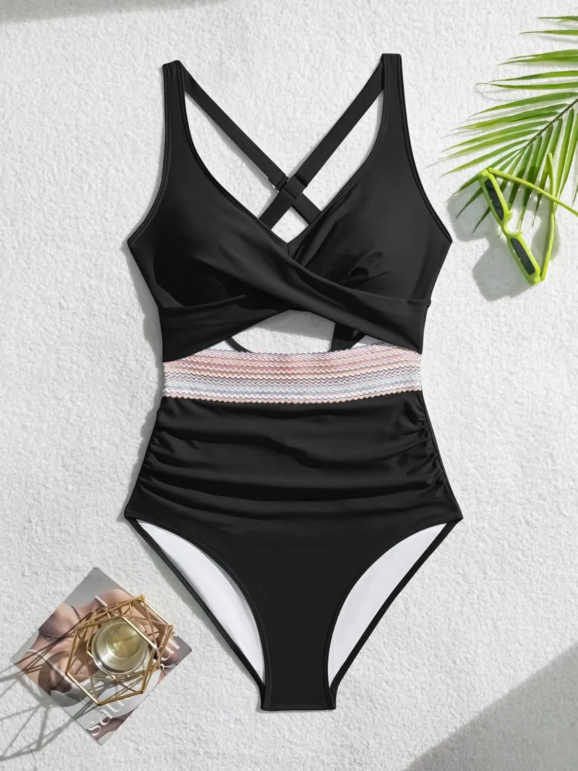 B2prity One Piece Swimsuit for Women Tummy Control V Neck Bathing Suit Color Block High Waisted Cutout Swimwear