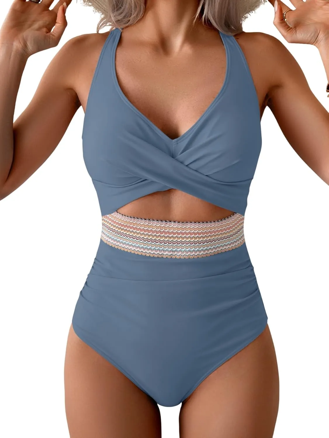 B2prity One Piece Swimsuit for Women Tummy Control V Neck Bathing Suit Color Block High Waisted Cutout Swimwear