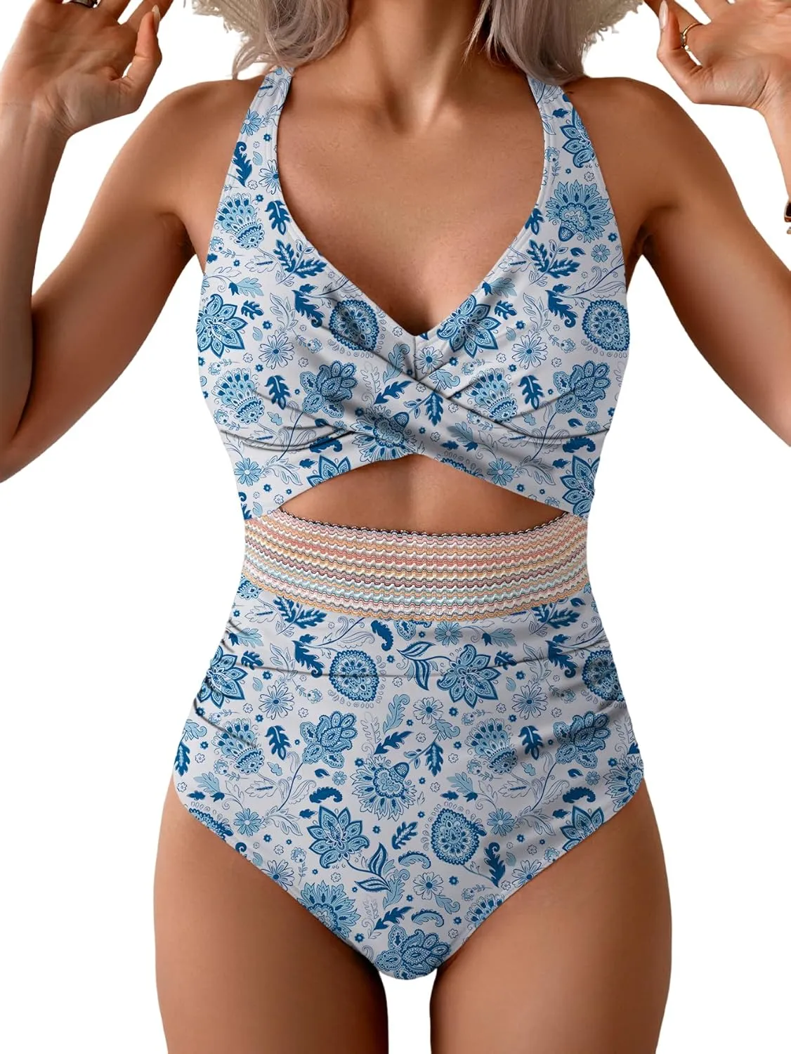 B2prity One Piece Swimsuit for Women Tummy Control V Neck Bathing Suit Color Block High Waisted Cutout Swimwear