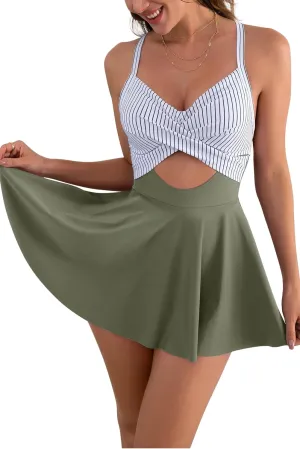 B2prity Women Cutout One Piece Skirt Swimsuit V Neck Wrap Tie Back Swimdress Tummy Control Bathing Suits