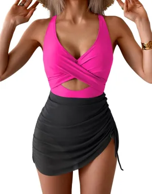 B2prity Women Mesh One Piece Swimdress Swimsuit Tummy Control V Neck Cutout Bathing Suit Wrap Drawstring Sarong Swimwear