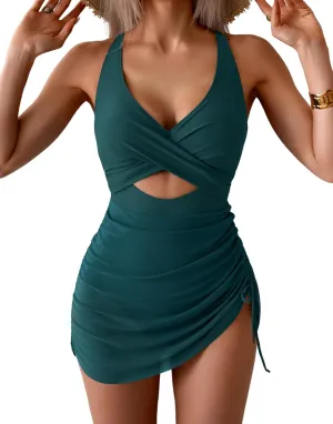 B2prity Women Mesh One Piece Swimdress Swimsuit Tummy Control V Neck Cutout Bathing Suit Wrap Drawstring Sarong Swimwear