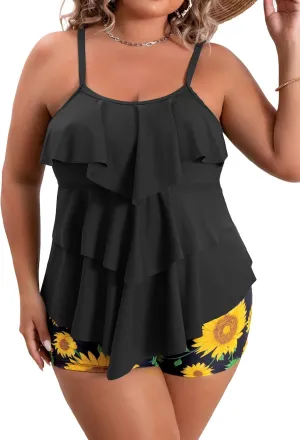 B2prity Women Plus Size Tankini Swimsuits Tummy Control Two Piece Bathing Suit Ruffled Flounce Swimwear with Shorts