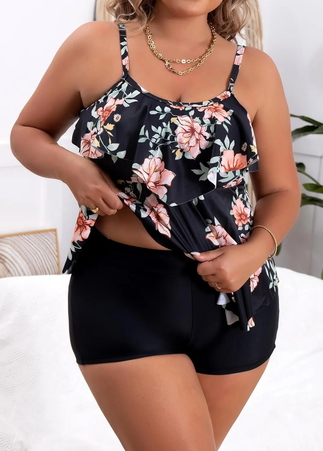 B2prity Women Plus Size Tankini Swimsuits Tummy Control Two Piece Bathing Suit Ruffled Flounce Swimwear with Shorts