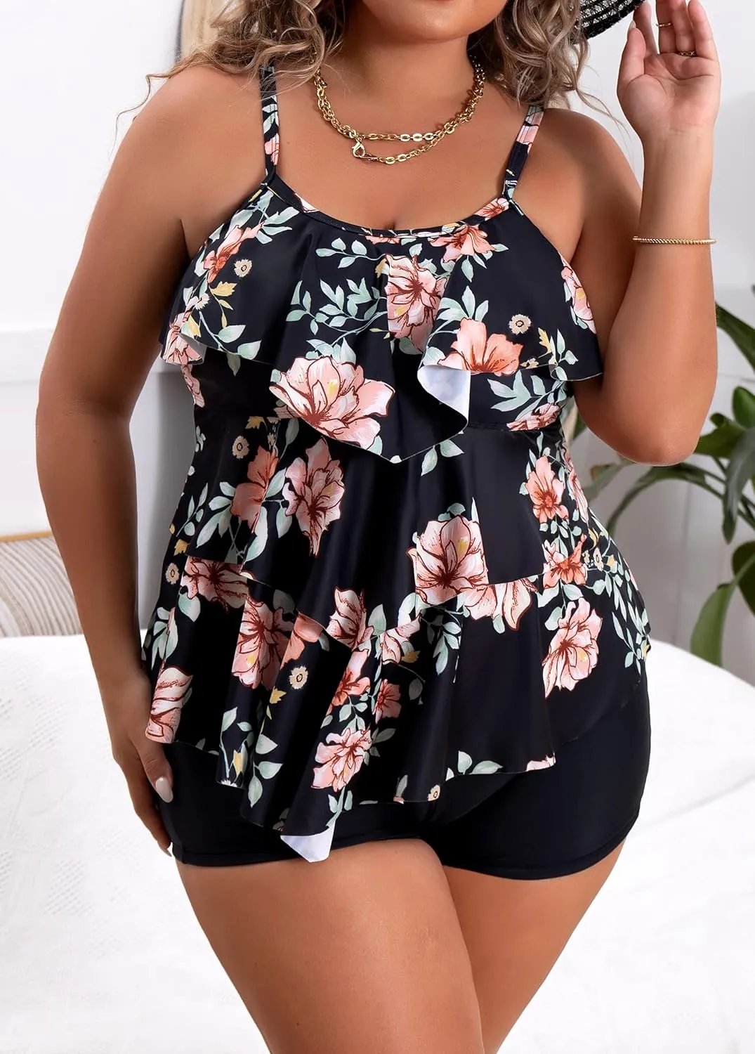 B2prity Women Plus Size Tankini Swimsuits Tummy Control Two Piece Bathing Suit Ruffled Flounce Swimwear with Shorts