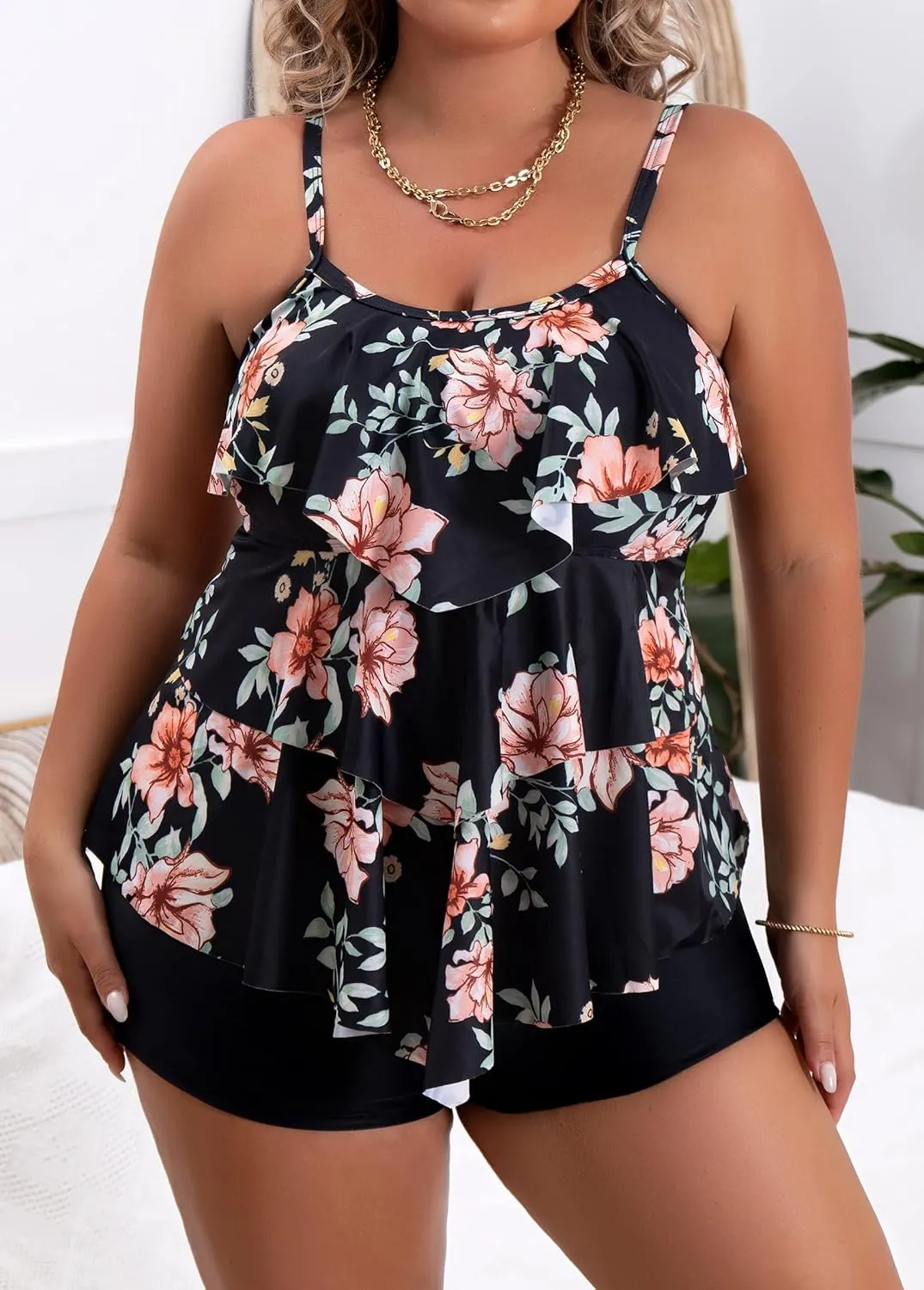 B2prity Women Plus Size Tankini Swimsuits Tummy Control Two Piece Bathing Suit Ruffled Flounce Swimwear with Shorts