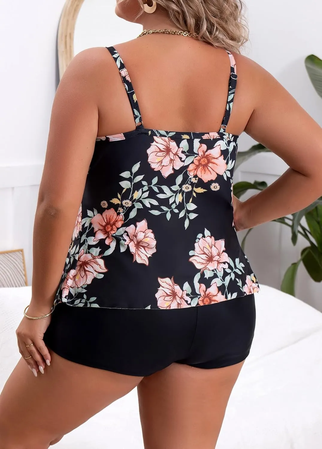 B2prity Women Plus Size Tankini Swimsuits Tummy Control Two Piece Bathing Suit Ruffled Flounce Swimwear with Shorts